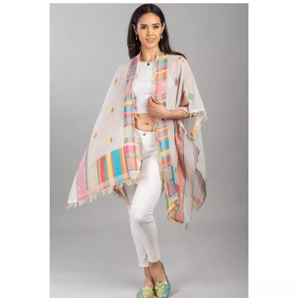 Saachi Colorful Fringe Open Front Sz S Gauzy Kimono Cover Up Festival Lagenlook - Picture 4 of 12